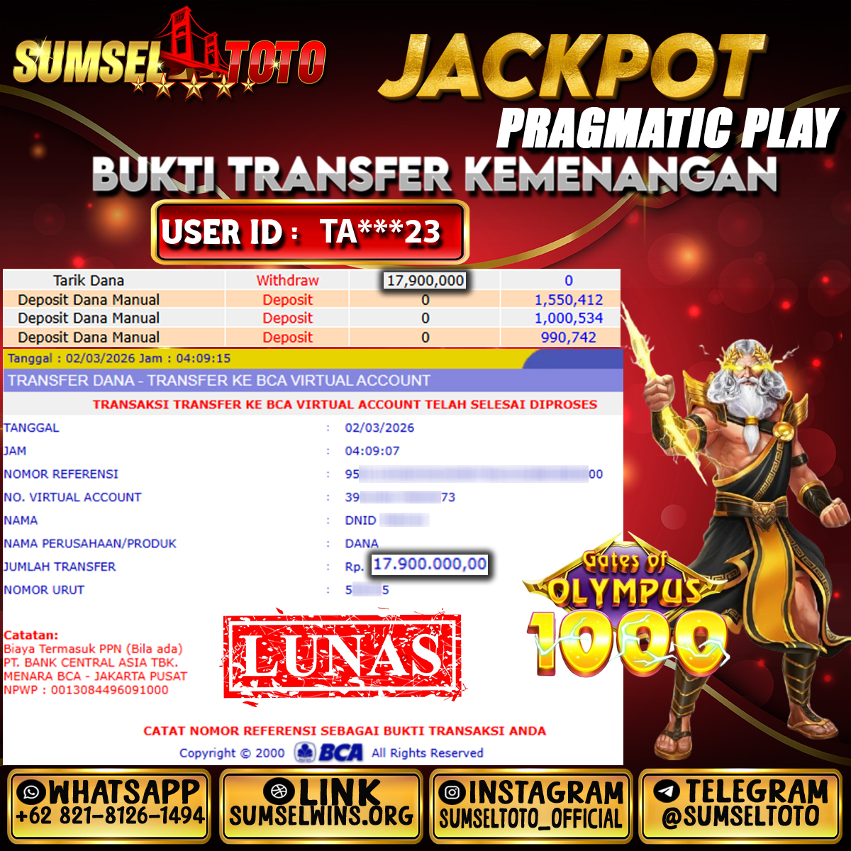 SUMSELTOTO JACKPOT GATES OF OLYMPUS 1000 Rp.17,900,000.,- LUNAS